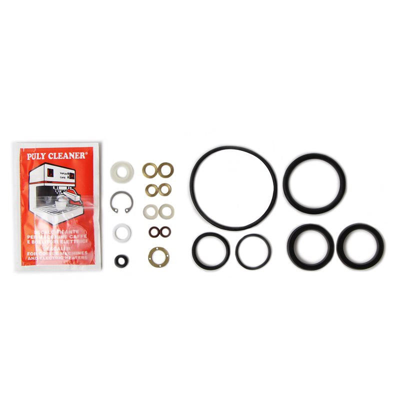A service kit for older Pre-Millennium Pavoni lever espresso machines, including various seals, gaskets, and descaler.