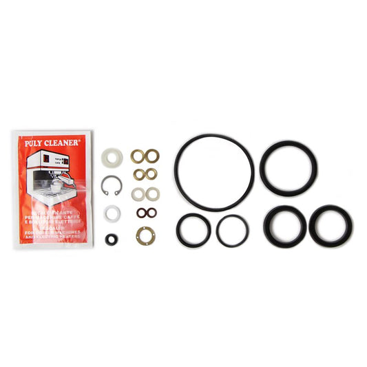A service kit for older Pre-Millennium Pavoni lever espresso machines, including various seals, gaskets, and descaler.