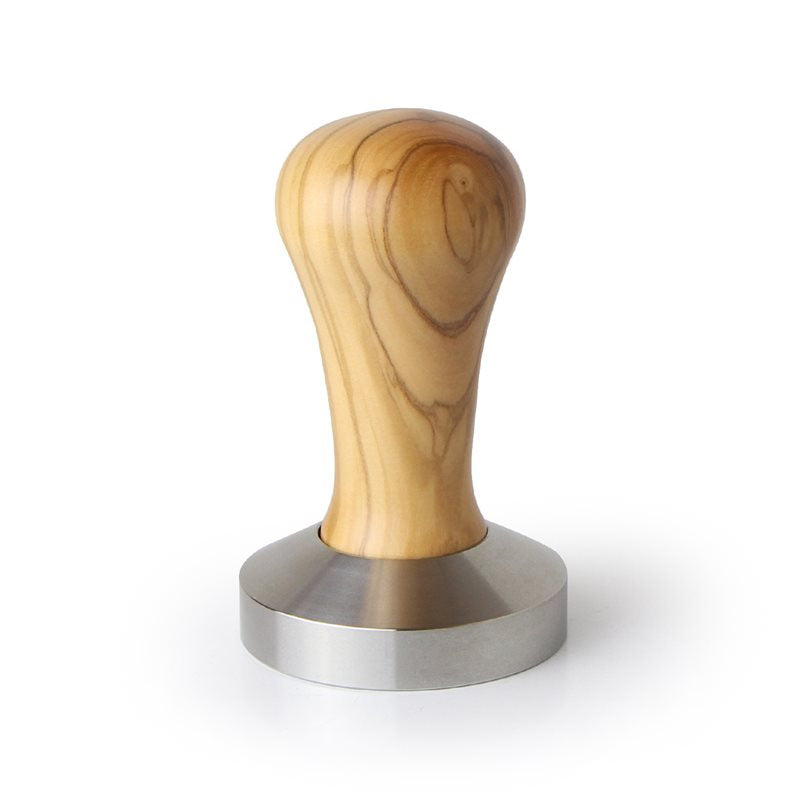 Flacher Kaffeestampfer aus Edelstahl ø 58,5 mm Griff aus Olivenholz
