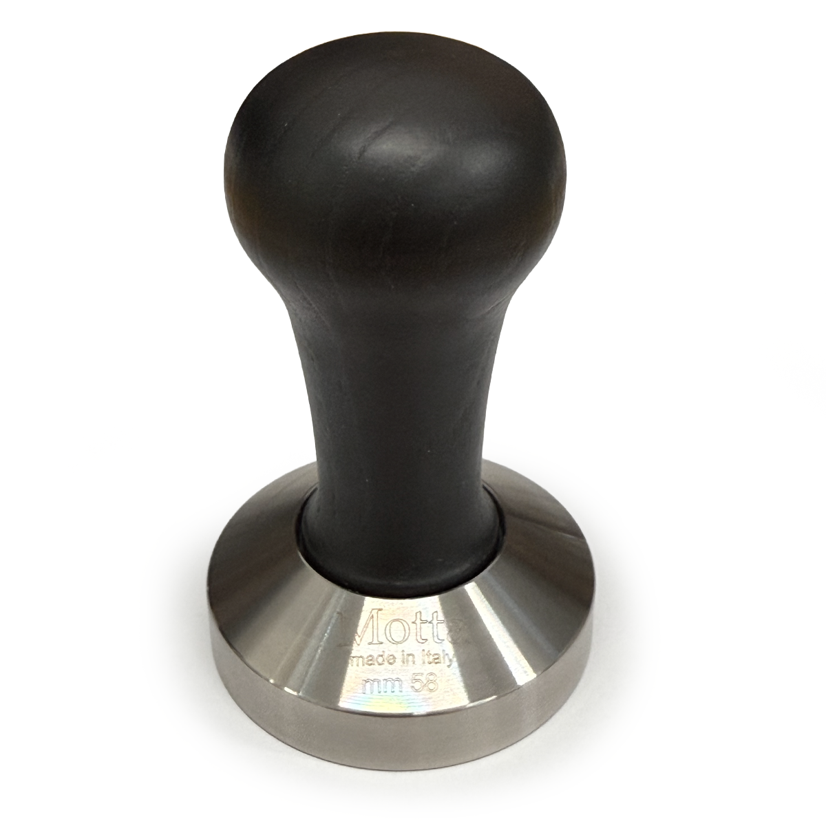 Flacher Kaffeestampfer aus Edelstahl ø 58 mm, schwarzer Holzgriff