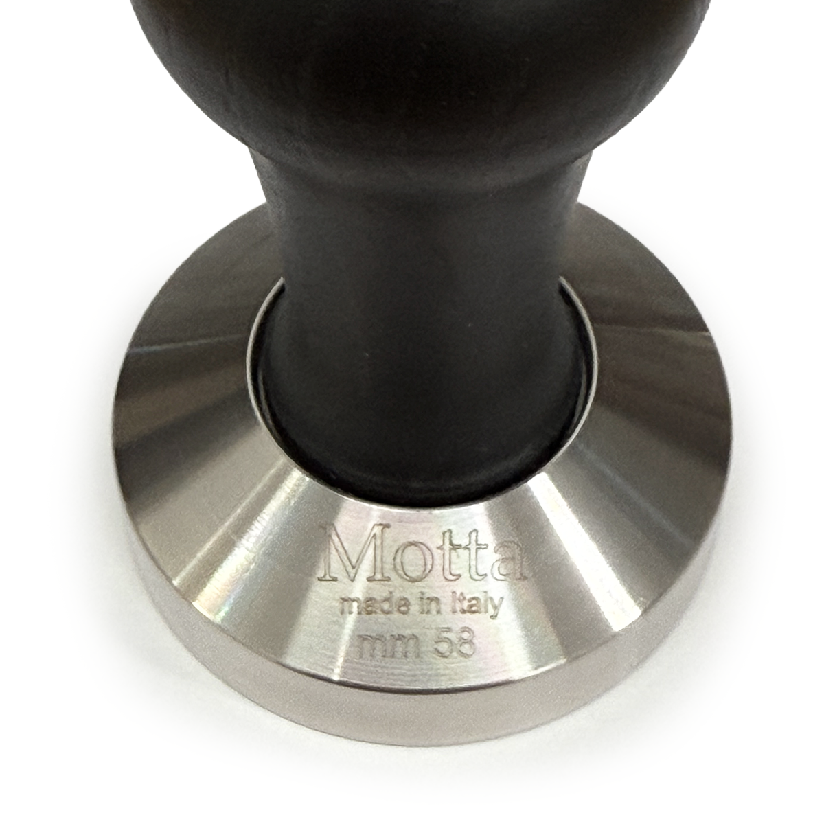 Flacher Kaffeestampfer aus Edelstahl ø 58 mm, schwarzer Holzgriff