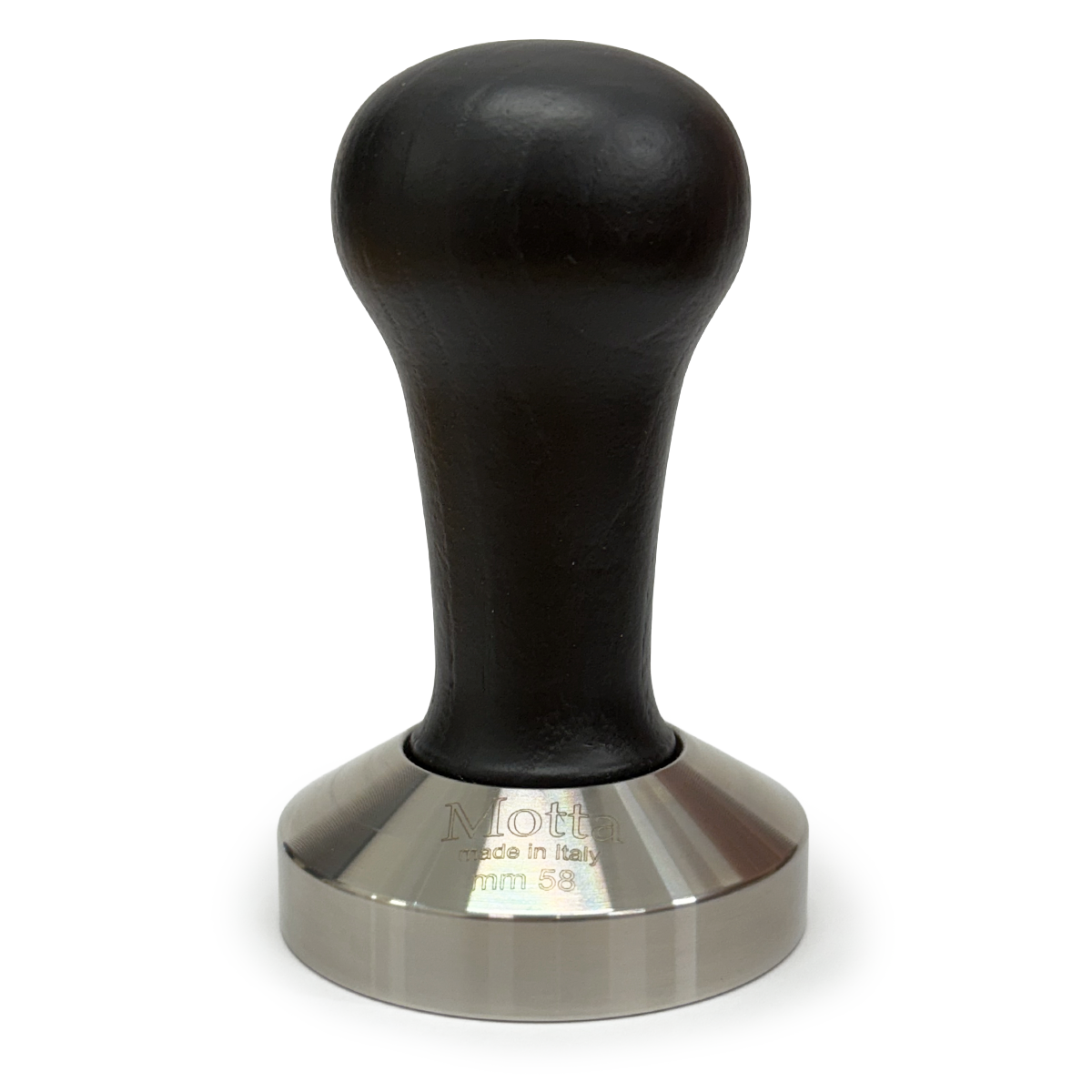 Flacher Kaffeestampfer aus Edelstahl ø 58 mm, schwarzer Holzgriff